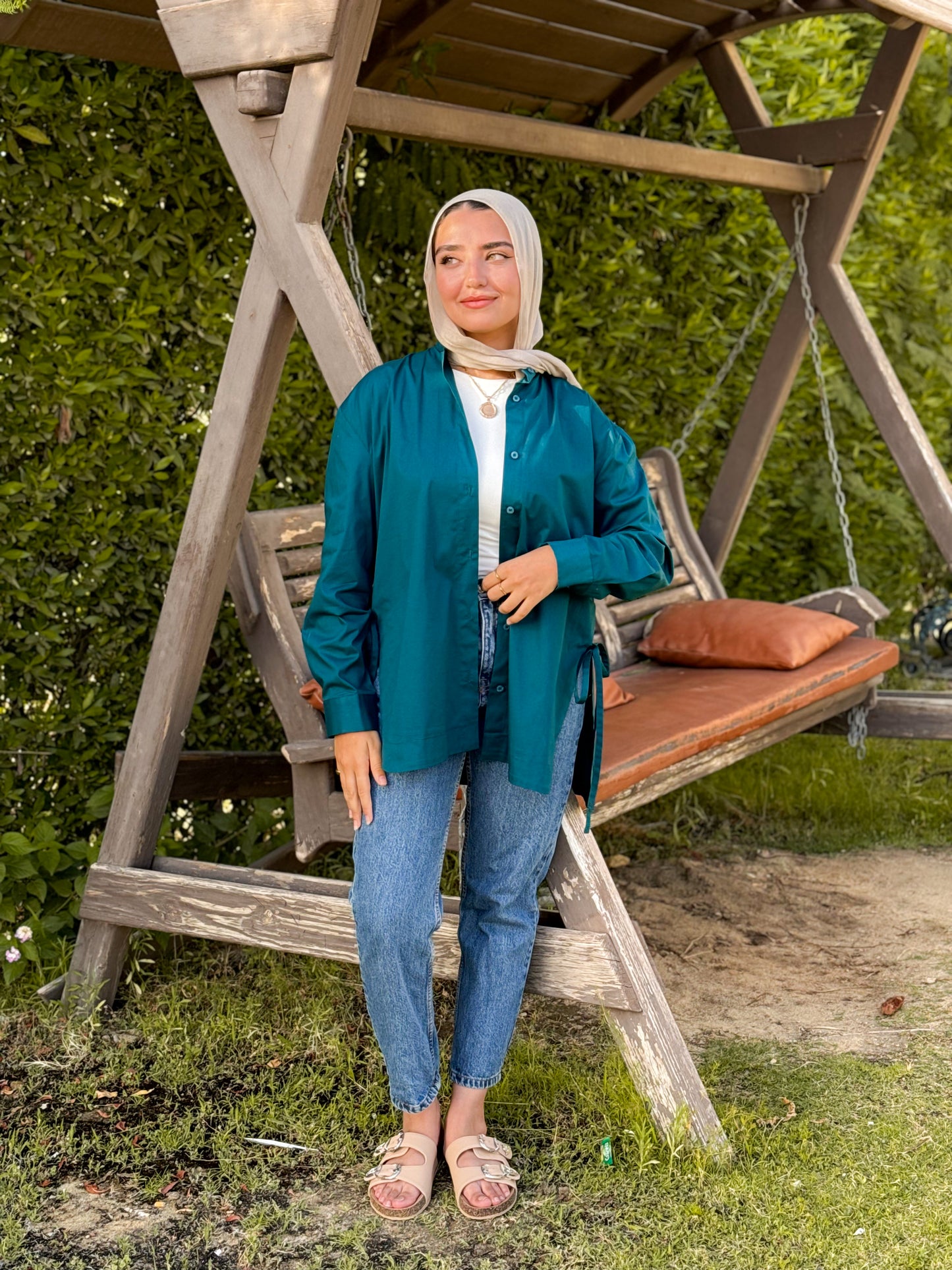 Tie-Up Poplin shirt in Teal