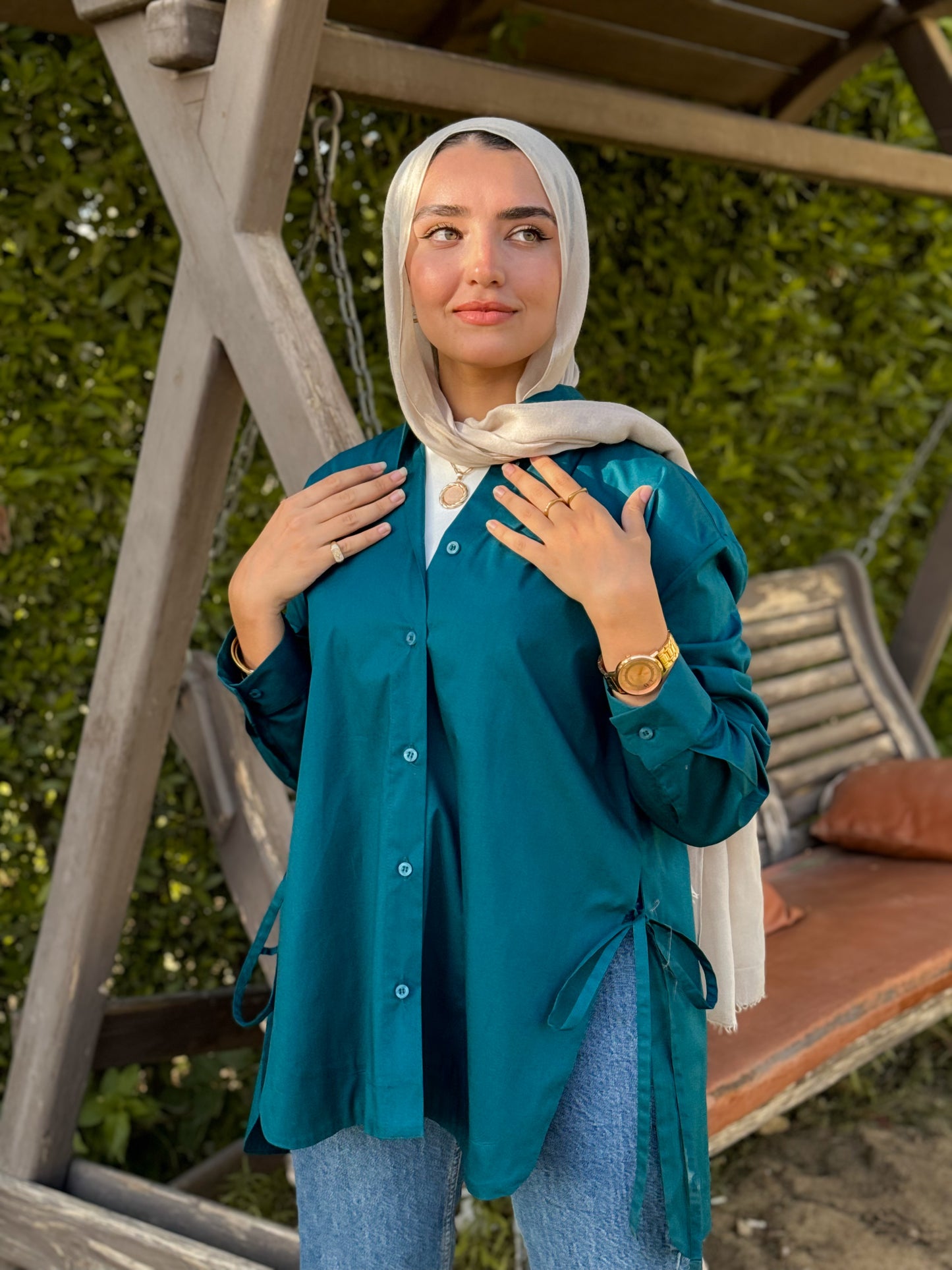 Tie-Up Poplin shirt in Teal