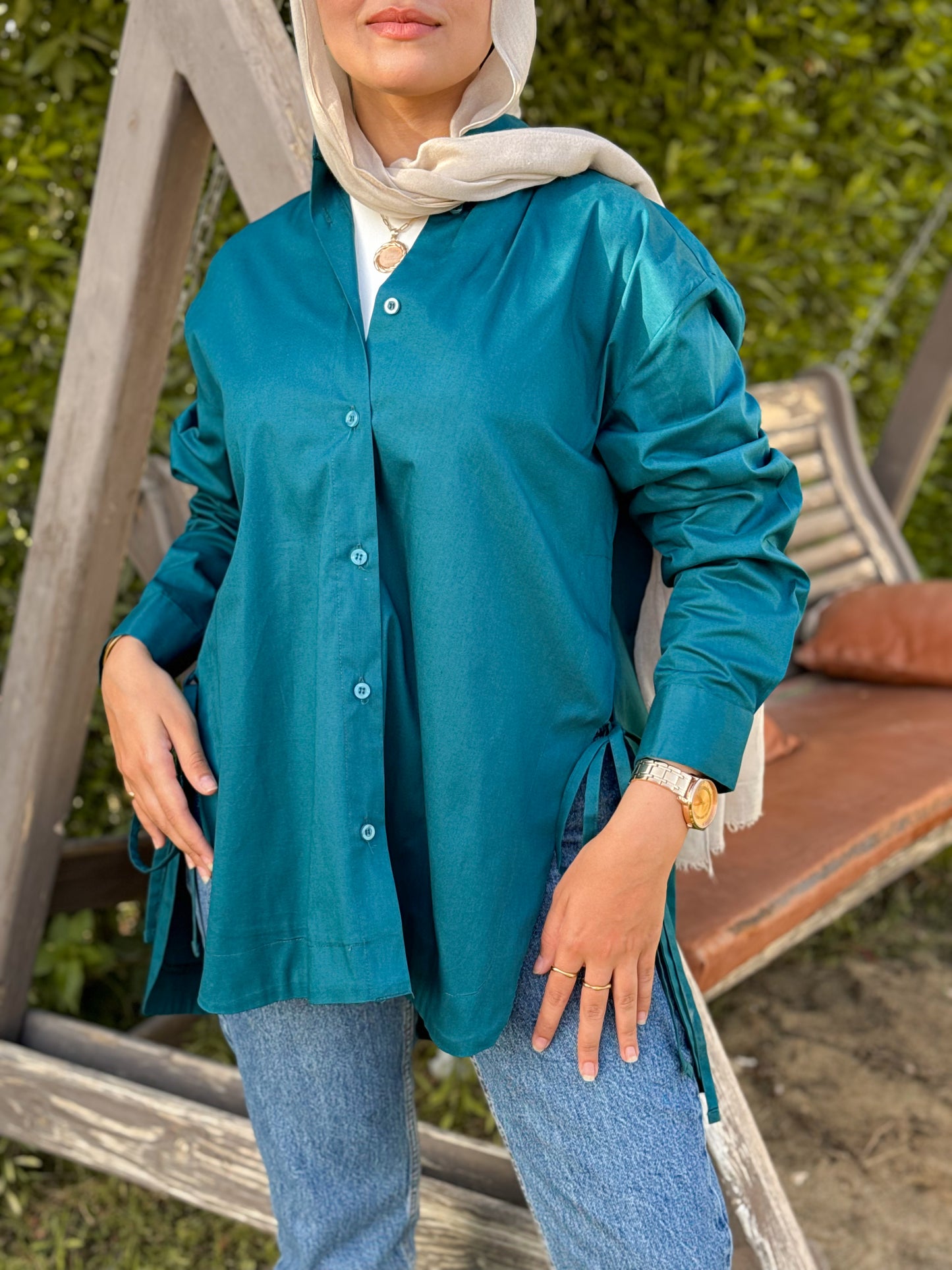 Tie-Up Poplin shirt in Teal